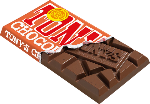 A broken bar of Tony's Chocolate with its orange wrapper partially peeled back, showing the dark brown chocolate inside on a white background.
