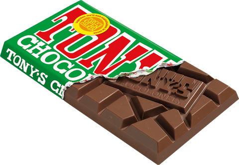 A partially unwrapped bar of Tony's Chocolate, showing the brown chocolate pieces and the green wrapper with red and white branding, isolated on a white background.