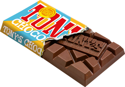 A partially unwrapped Tony's Chocolate bar on a plain white background, showing the brown chocolate with its colorful blue, yellow, and red wrapper torn open.