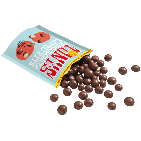 open bag of littl' bits that have chocolate pieces spilling out of the bag