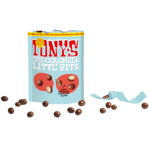 open bag of littl' bits with chocolate pieces surrounding it
