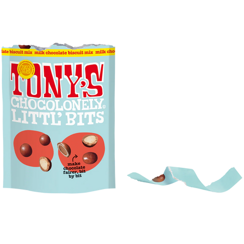 open bag of Tony's chocolonely littl' bits