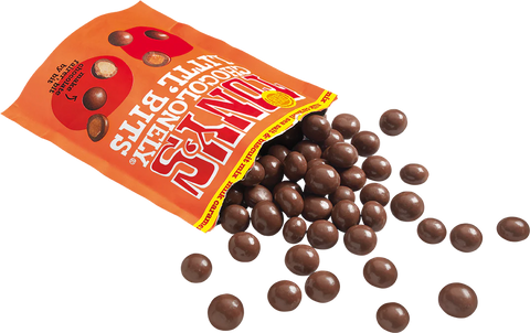A bag of Jolly Jolly's Chocolate Lollipops with several chocolate lollipops spilled out onto a white background.