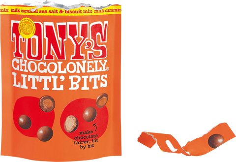 A bag of Tony's Chocolonely Little Bits chocolate and biscuit mix on a white background, with a few loose pieces shown to the right.