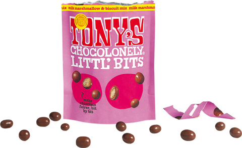 A pink bag of Tony's Chocolonely Litt' Bits chocolate marshmallows and biscuit mix, shown on a white background with several brown chocolate bits scattered around and a twisted piece of wrapper on the right.