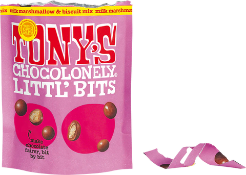 A pink bag of Tony's Chocolonely Little Bits chocolate with cereal mix, shown next to a few unwrapped chocolate pieces on a white background.