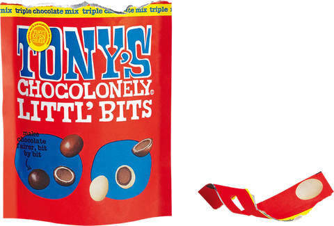A red bag of Tony's Chocolonely Little Bits chocolate mix on the left, with a few loose chocolate bits and a small red piece of packaging on the right, against a white background.