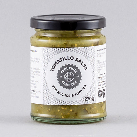 Jar of Tomatillo Salsa from Cool Chile Company on a light gray background