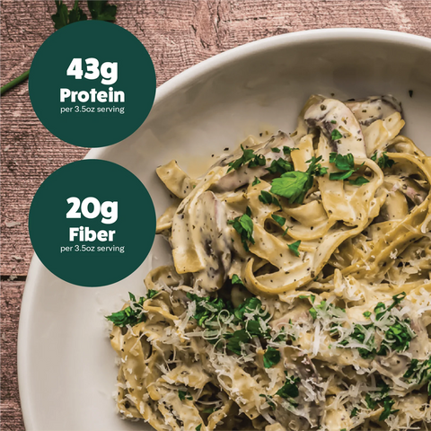 plate of cooked edamame and mung bean fettuccine with green circles with nutrition facts