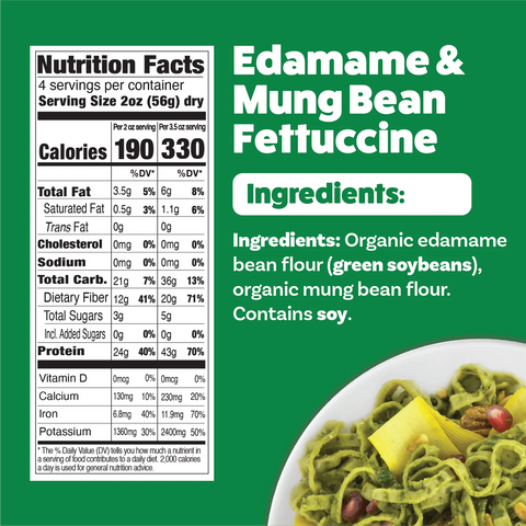 Nutrition facts label and ingredients list for Edamame & Mung Bean Fettuccine on a green background.