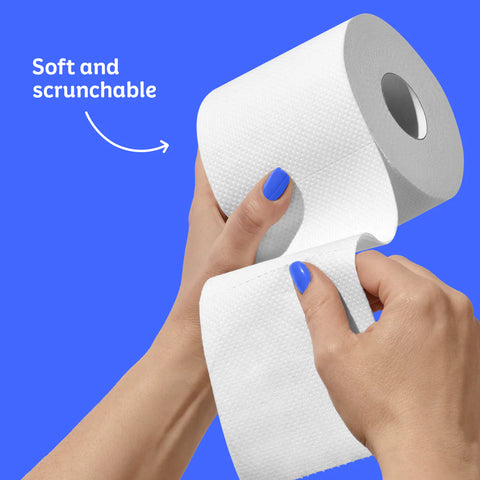 Person holding a roll of soft paper towel with blue background