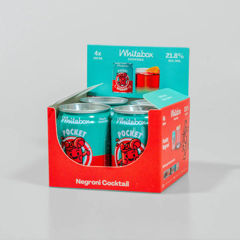Two cans of Whitebox Pocket Negroni Cocktail in a red and blue packaging on a gray background