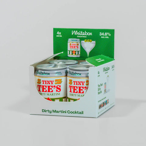 A retail display box containing six cans of Whitabox Tiny Tee's Dirty Martini Cocktail, shown against a plain light gray background.