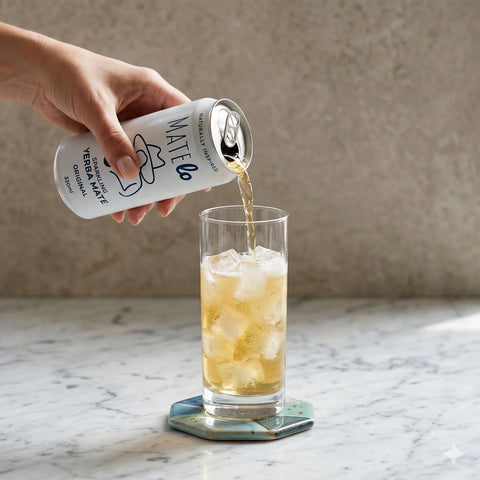 Person pouring Mateo iced tea into a glass with ice on a marble surface.