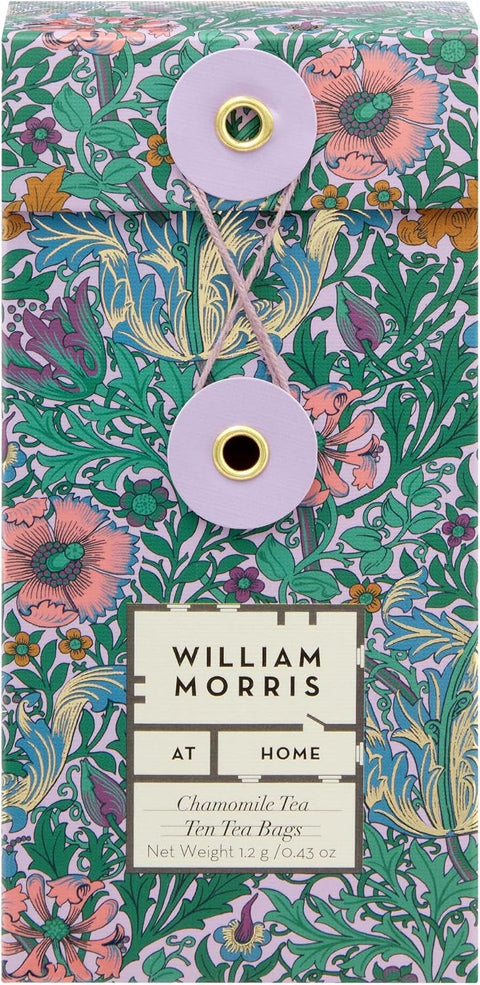 William Morris At Home Chamomile Tea tea bag box featuring a colorful Art Nouveau floral pattern with lavender buttons and a white brand label.