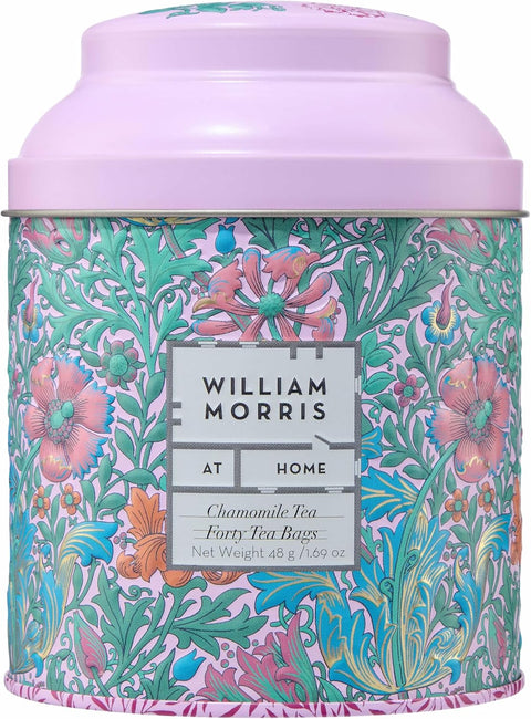 William Morris At Home chamomile tea tin featuring a colorful floral and botanical pattern with a light pink lid, containing forty tea bags.