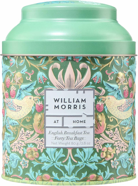 William Morris At Home English Breakfast Tea tin, featuring a green and blue floral pattern with birds and a mint green lid, containing forty tea bags.