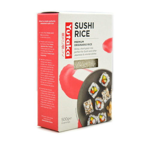 A 500g box of Yutaka Premium Originario Rice sushi rice, featuring a white and red packaging design with a photo of sushi rolls on the front.