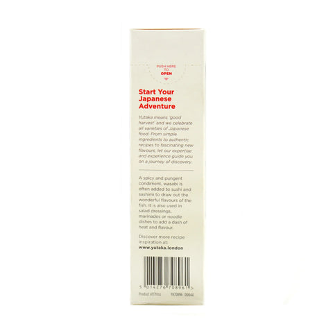 The back of a tall, narrow cream-colored box for Yukata condiment, featuring red and black text, a barcode, and a small 'Yukata London' logo at the top, set against a plain white background.