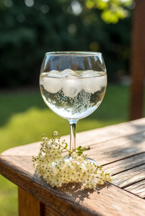 Goblet with water and ice on a wooden surface outdoors