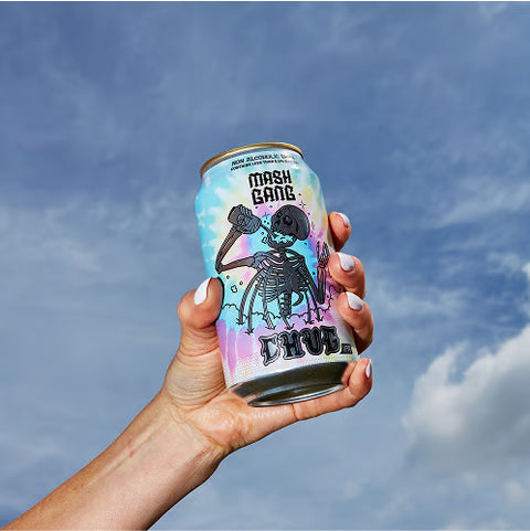 hand holding can of Mash Gang in front of sky background