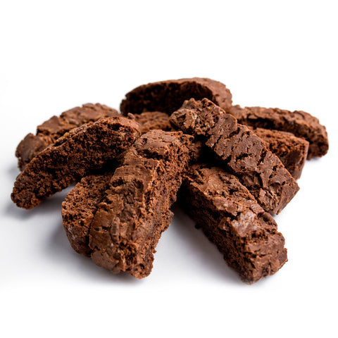 A pile of chocolate biscotti cookies on a clean white background.
