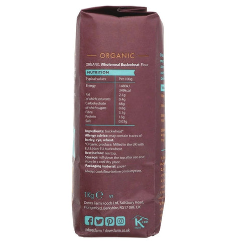 Bag of organic wholemeal buckwheat flour with nutritional information on a white background