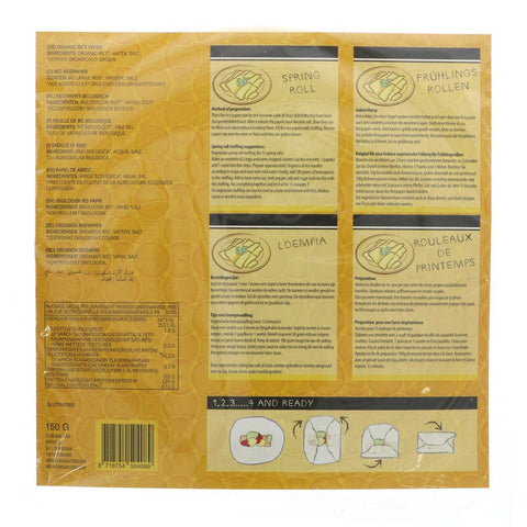 Back of a packaged product in a clear plastic sleeve, showing ingredient information, four recipe panels labeled Spring Roll, Fréchins Rollen, Loempia, and Roulxains de Printemps, and simple folding instructions.