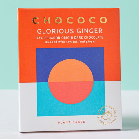 Chococo Glorious Ginger chocolate bar packaging on a light blue background