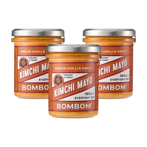 Three jars of Kimchi Mayo Bombom on a white background