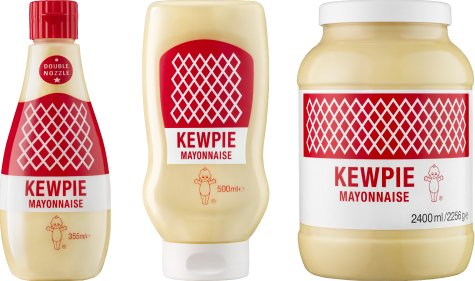 Three containers of Kewpie Mayonnaise shown on a plain white background: a squeeze bottle, a squeeze tube, and a large jar.