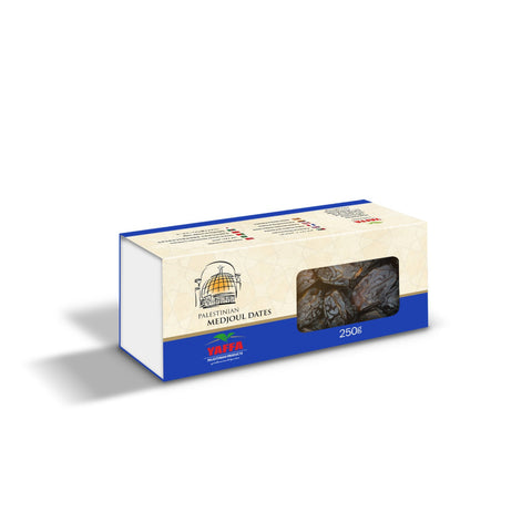 box of palestinian medjoul dates on white background