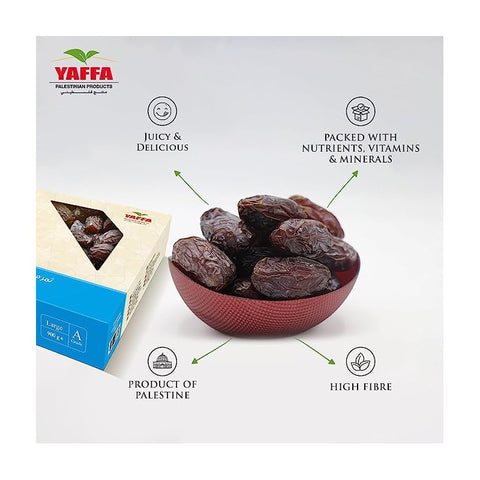 A box of Yaffa Palestinian dates alongside a bowl of dried dates, with text callouts highlighting juicy and delicious quality, packed nutrients, product of Palestine, and high fibre.