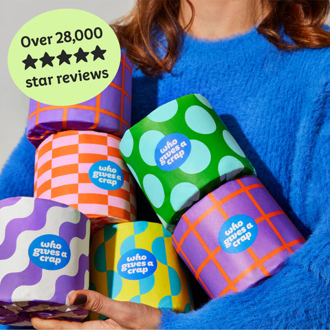 A person in a bright blue fuzzy sweater holds a stack of colorful novelty toilet paper rolls wrapped in patterned paper. Each roll has a blue circular sticker reading 'who gives a crap'.