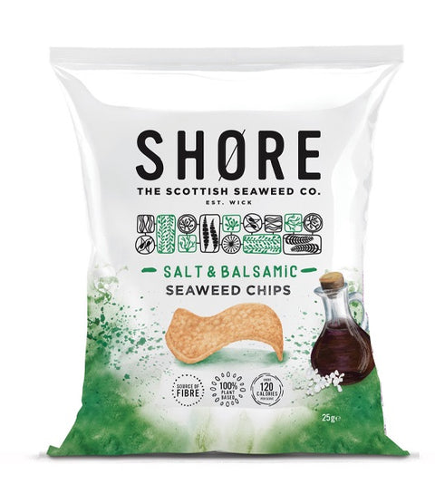 green and white bag of shore seaweed crips on white background