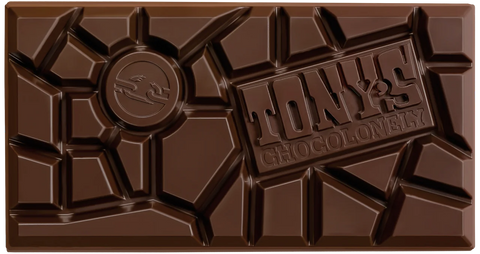 A square dark chocolate bar with embossed geometric segments and the brand name 'TONY'S CHOCOLONERY' on the right side.