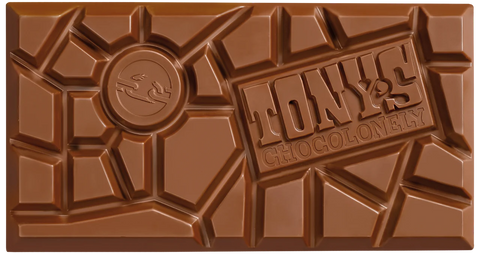 Chocolate bar with 'Tony's.' branding on a brown background