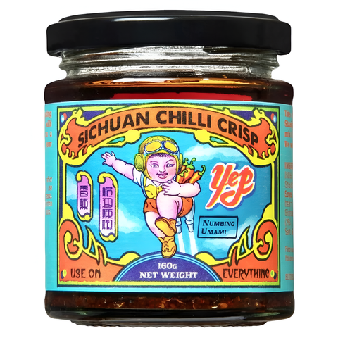 Jar of Sichuan Chilli Crisp with colorful label on a white background