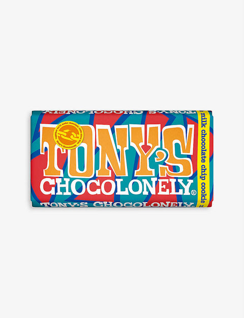 tony chocolonely milk chocolate chocolate-chip cookie bar 180g creamy milk chocolate with crunchy cookie pieces